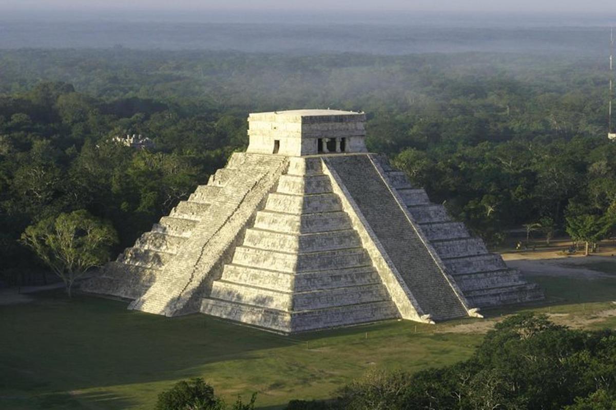 an aerial view of an ancient pyramid