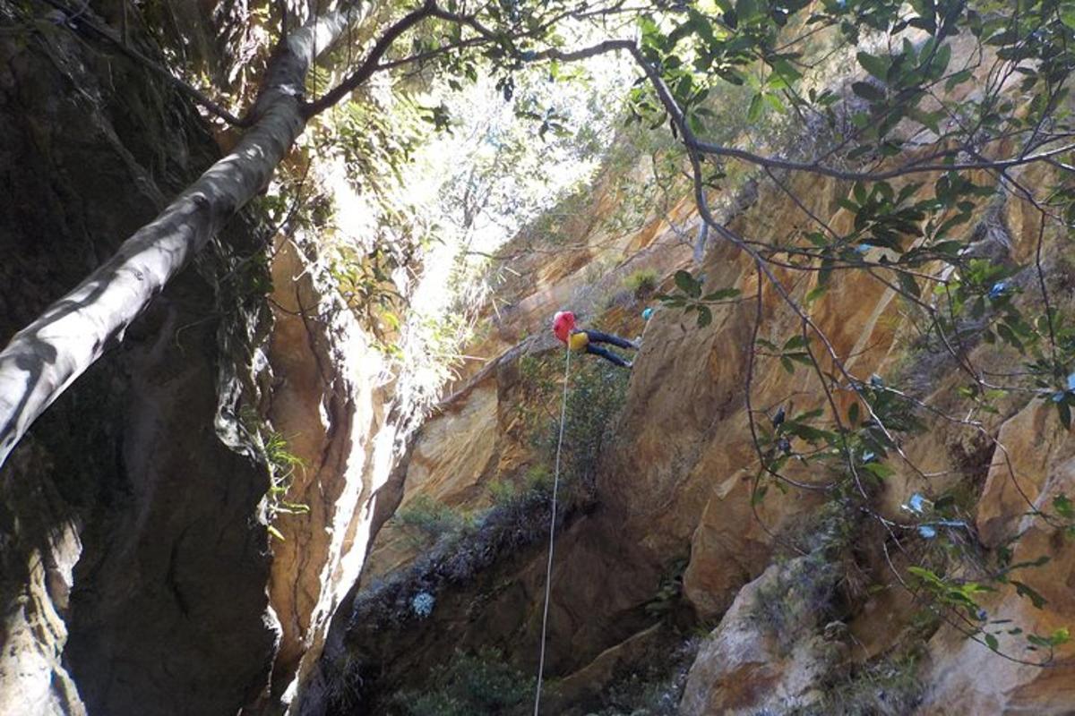 a person standing on a rope in front of a mountain