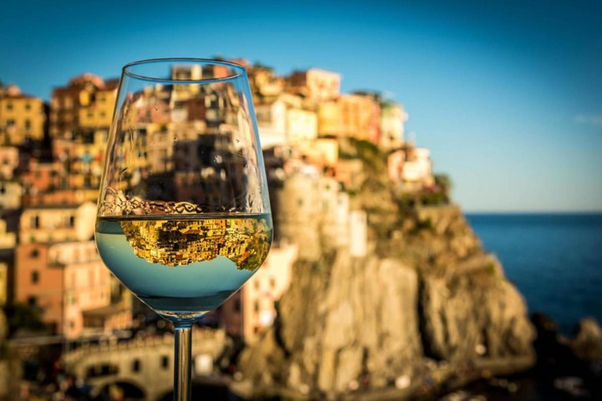 a glass of wine with a view of a city