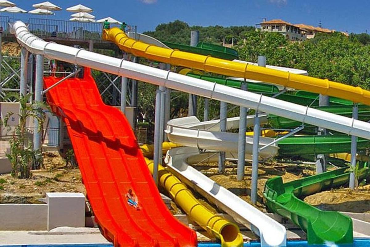 a water park with a colorful water slide