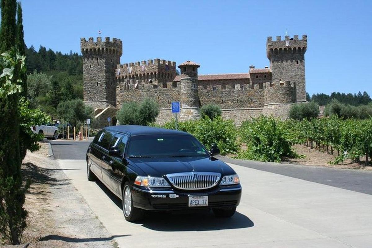 un cotxe negre aparcat davant d'un castell