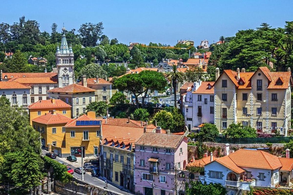mesto s hišami in stolpom z uro na hribu