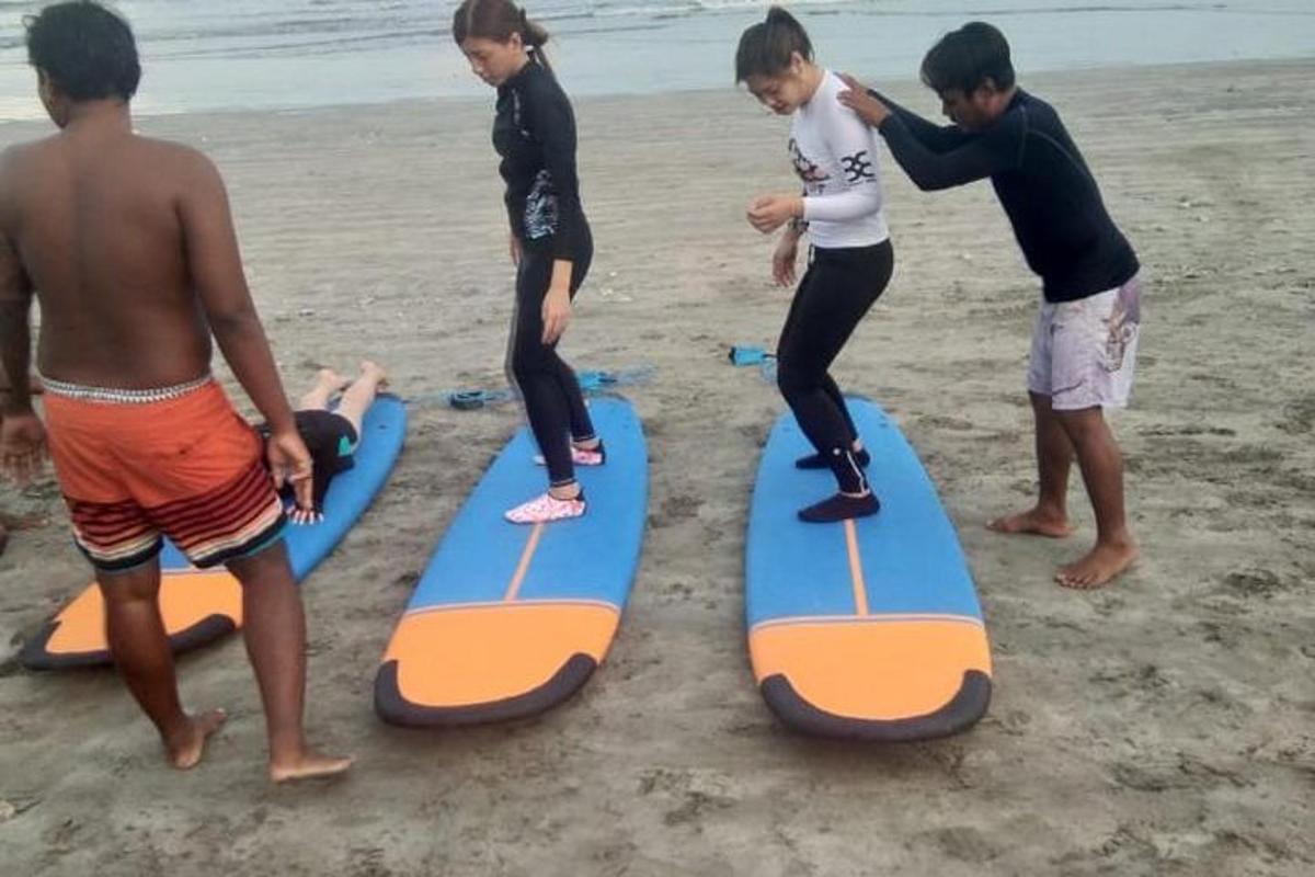 Grupa ludzi stojących na deskach surfingowych na plaży