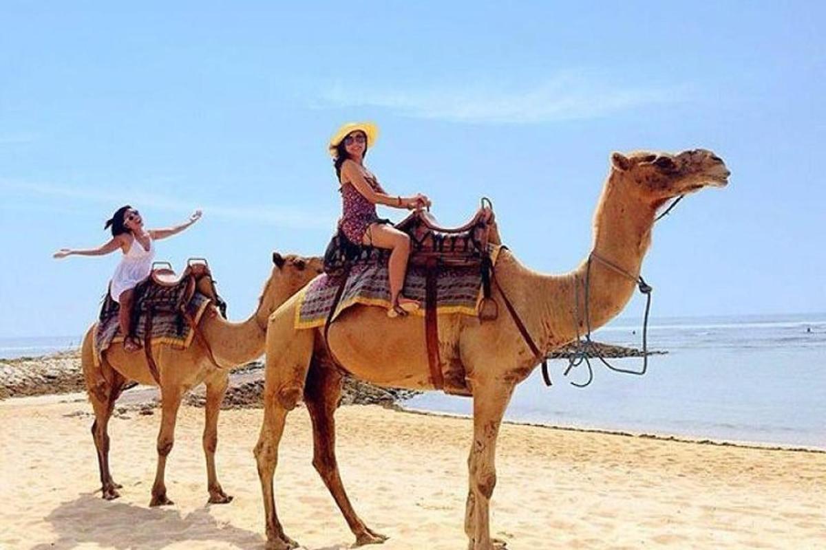 שתי בנות רוכבות על גמל על החוף