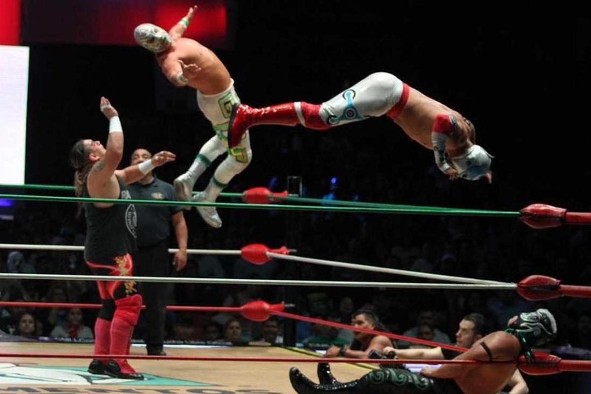 Una pareja de luchadores participando en un combate de lucha libre.