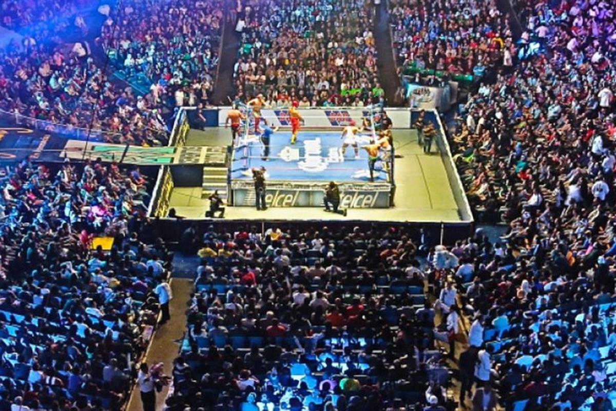 una gran multitud de personas viendo un combate de boxeo