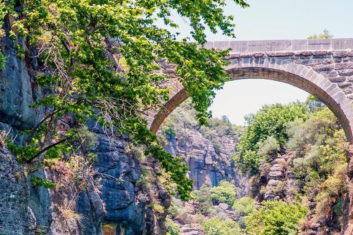 ağaçlı kayalık bir dağın üzerinde taş köprü
