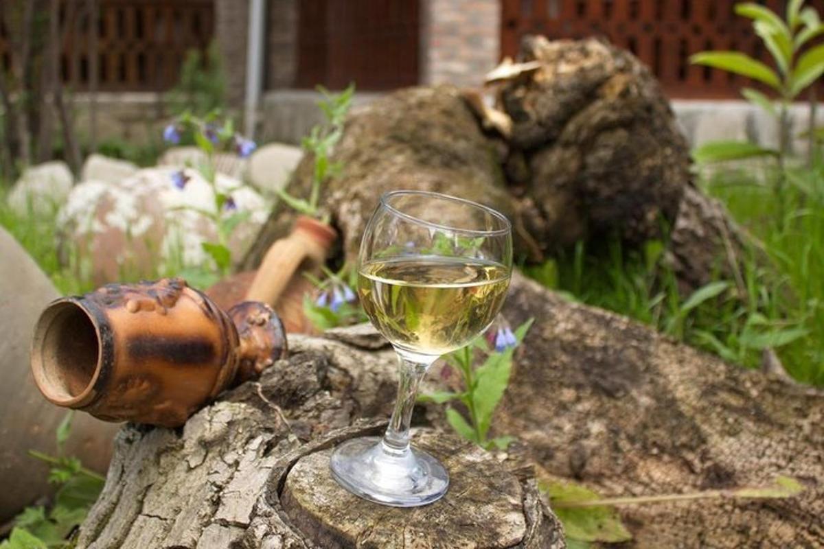 a glass of white wine sitting on a rock