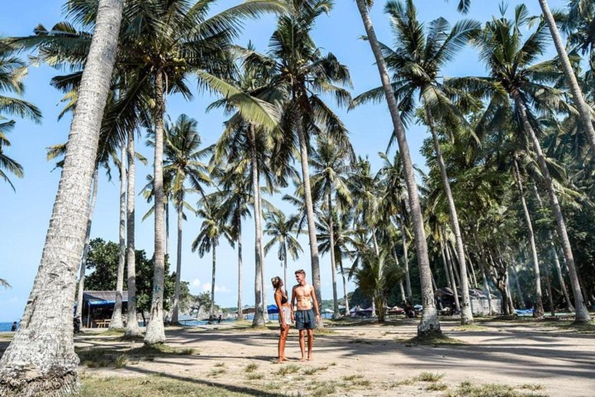 a man and a woman standing in front of palm trees