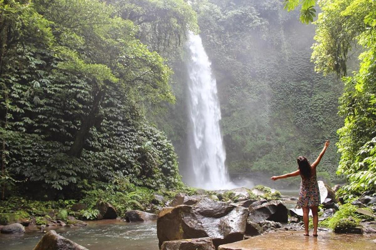 Una mujer parada sobre rocas frente a una cascada.