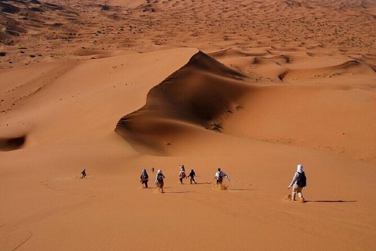a group of people walking through the desert
