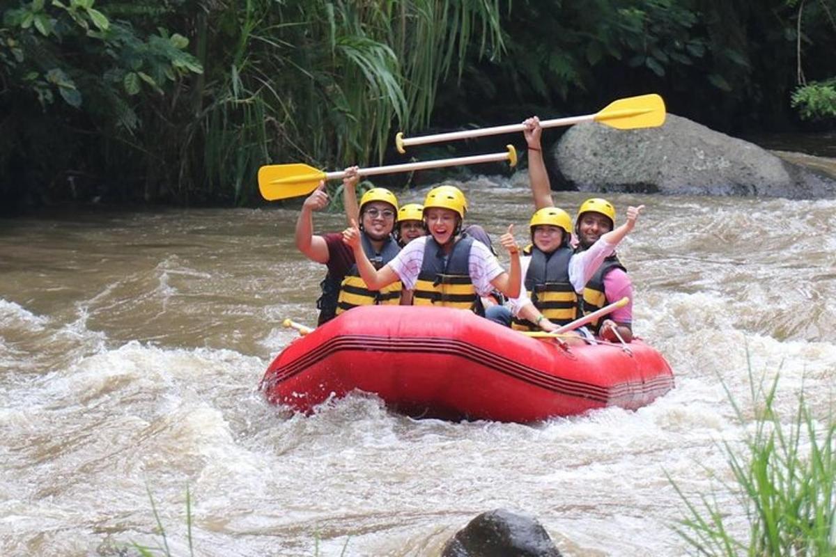 a group of people in a raft in a river