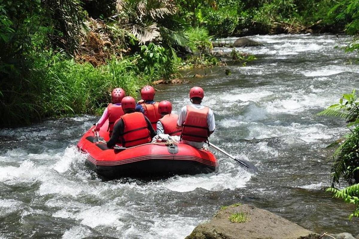 a group of people in a raft in a river