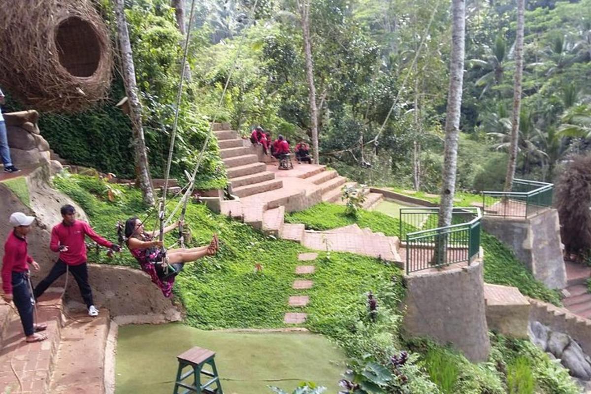 a group of people walking around a park