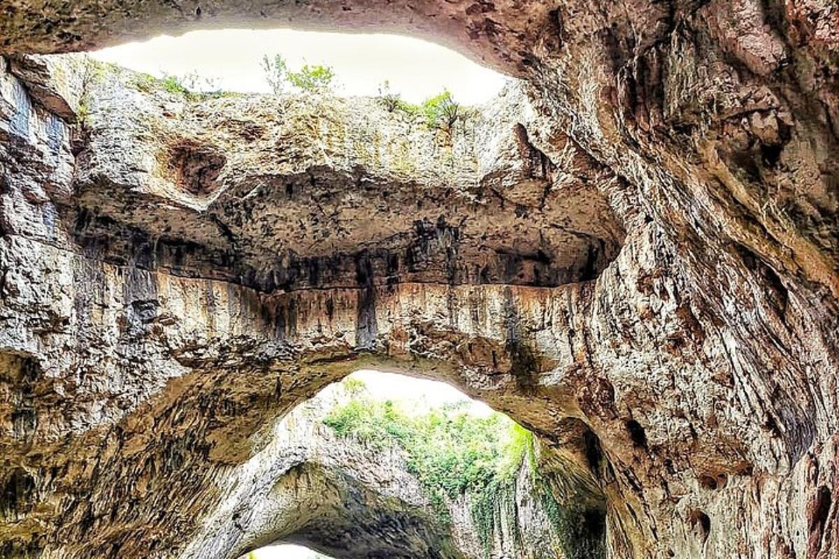 un arco in una parete rocciosa con alberi al suo interno