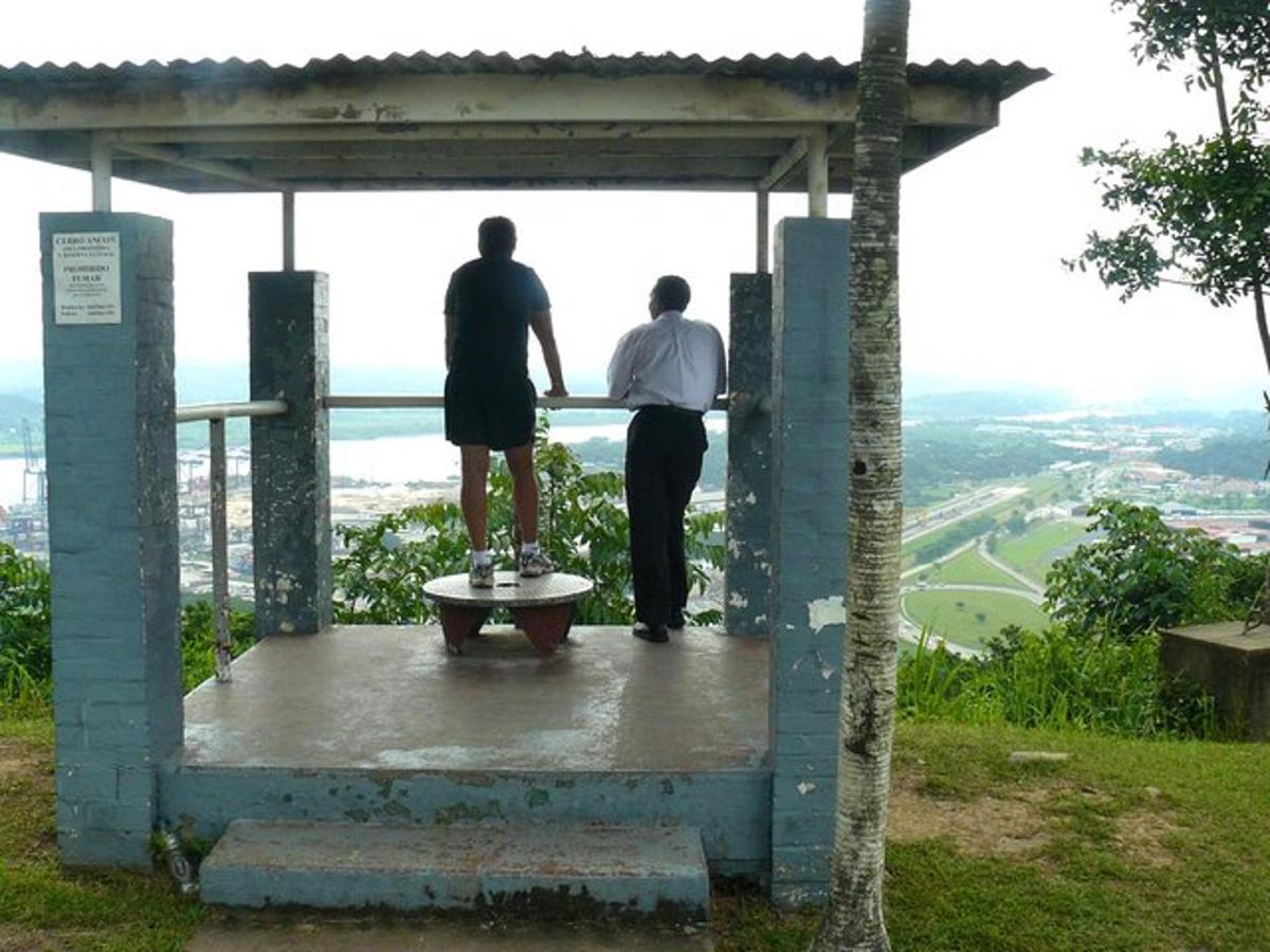 丘の頂上に立って景色を眺める二人の男性