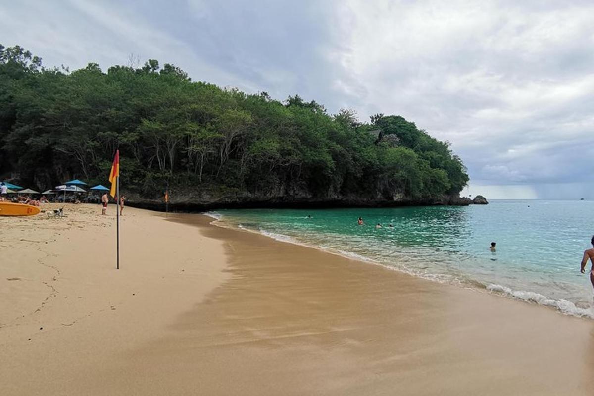 ein Strand mit Menschen im Wasser und Bäumen