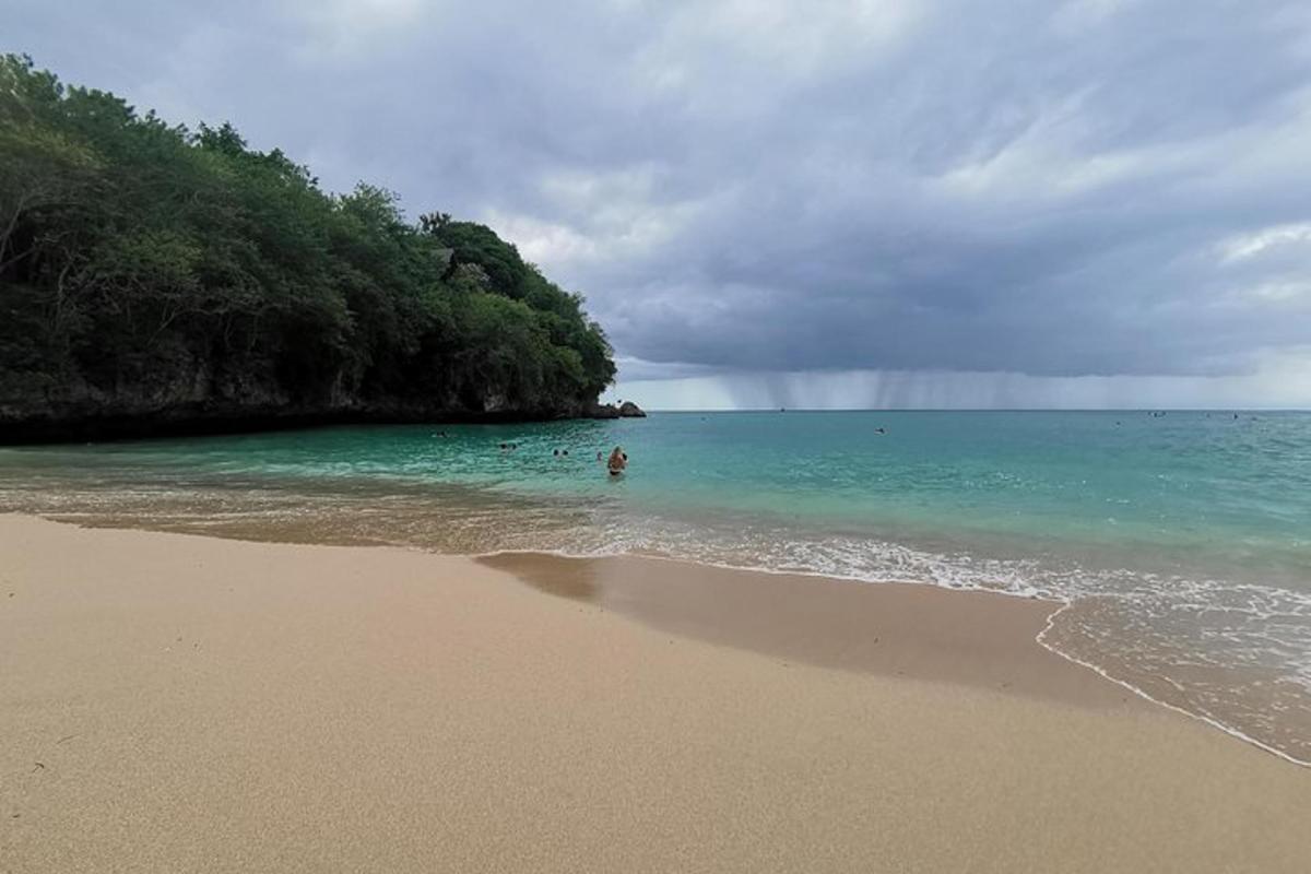 pantai dengan seseorang berenang di lautan