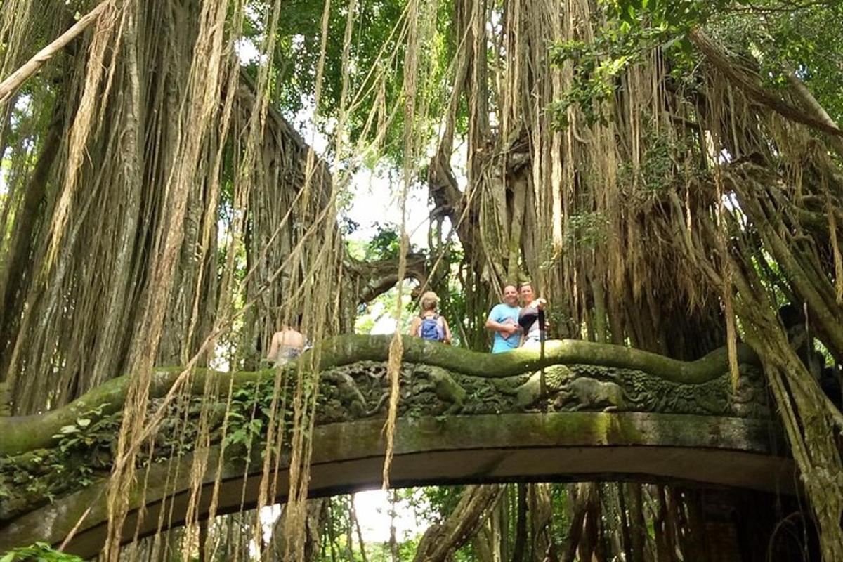 un gruppo di persone in piedi su un ponte sotto un albero