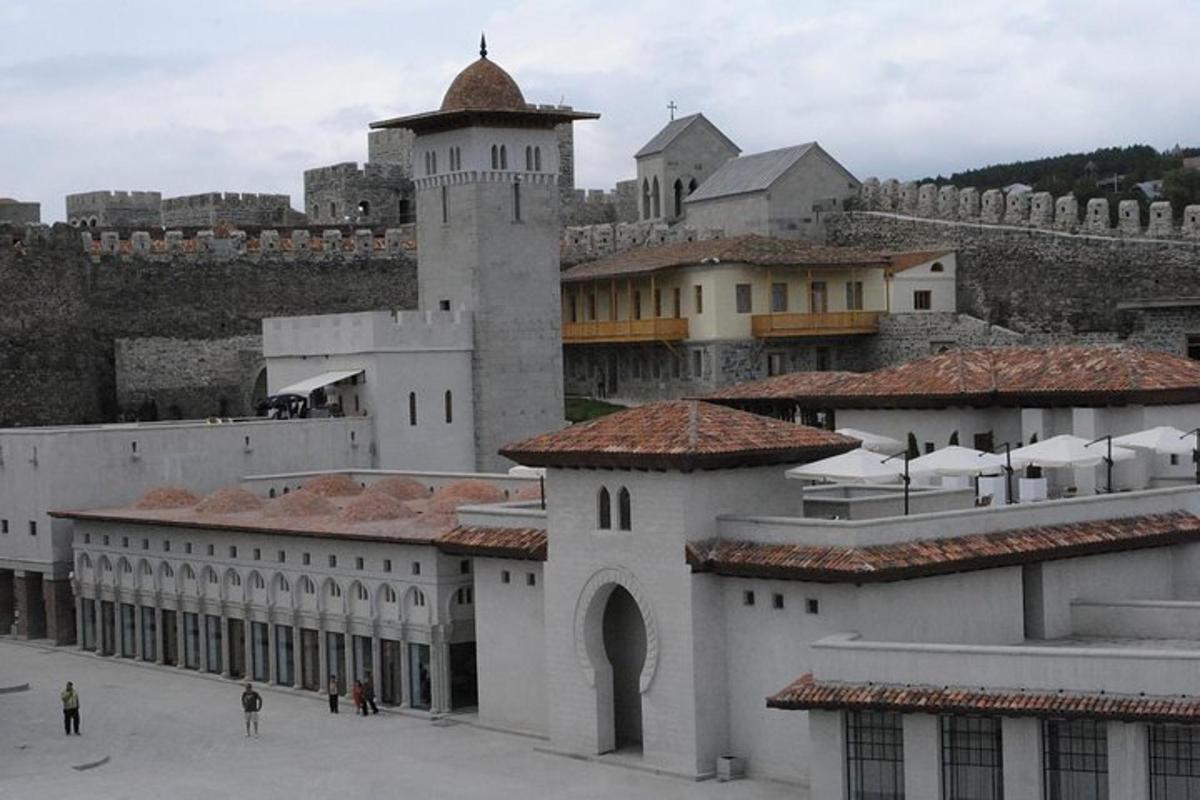 a group of buildings with a castle in the background