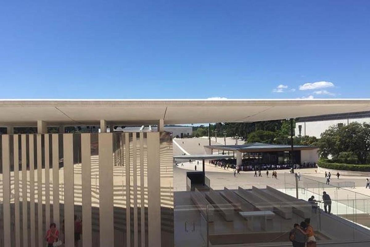un rendering di un edificio con persone che camminano intorno