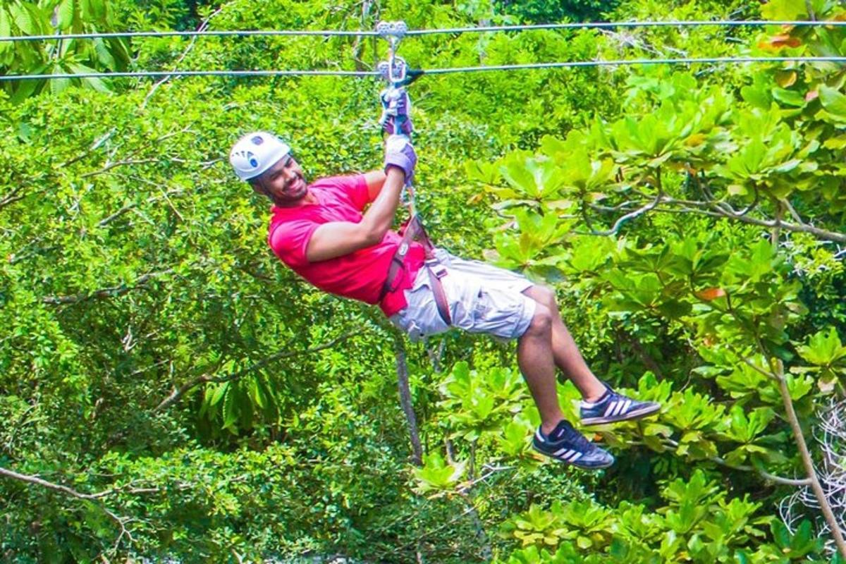 muž na zip line ve stromech