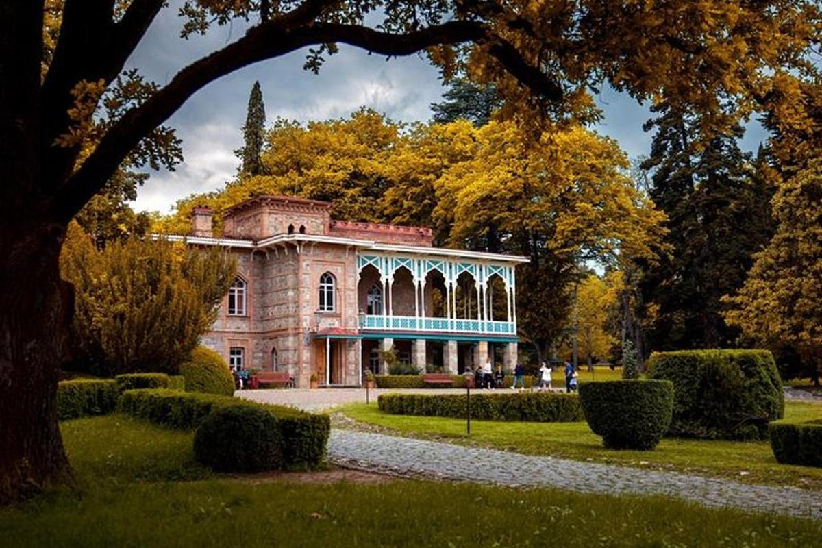 una vecchia casa con alberi e cespugli di fronte