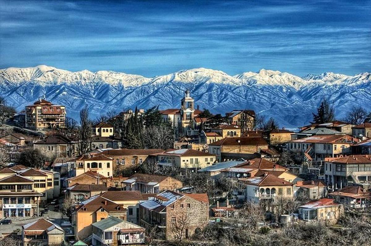 una piccola città con montagne innevate sullo sfondo