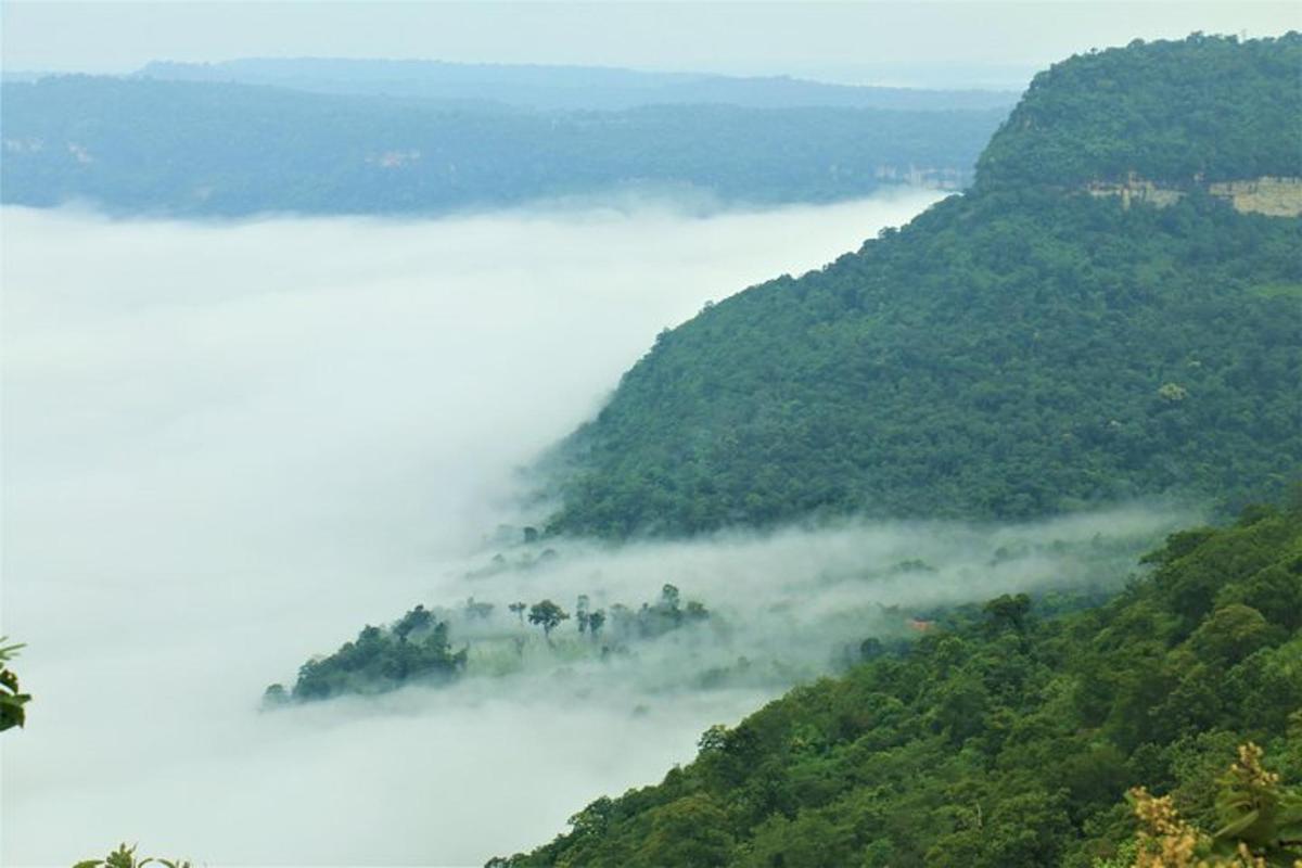 una vista di una montagna con nebbia nella valle