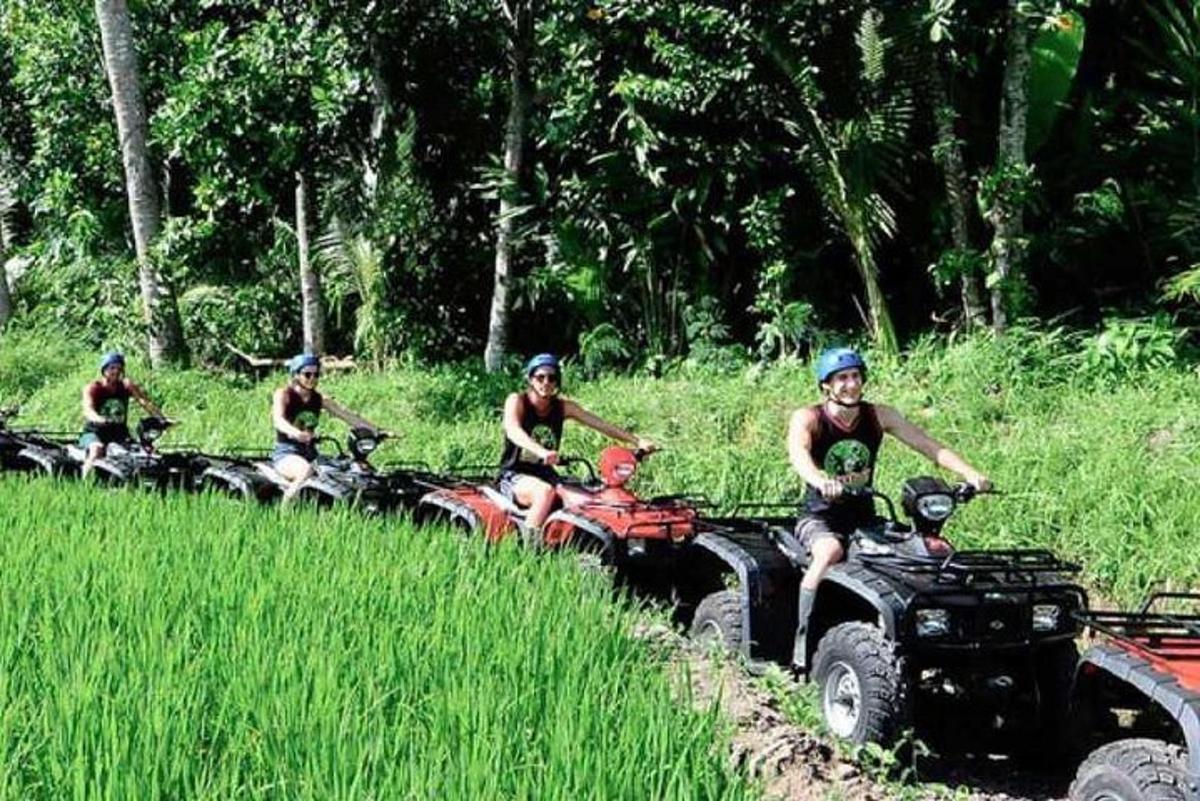 un grup de persones que condueixen quads en un camp
