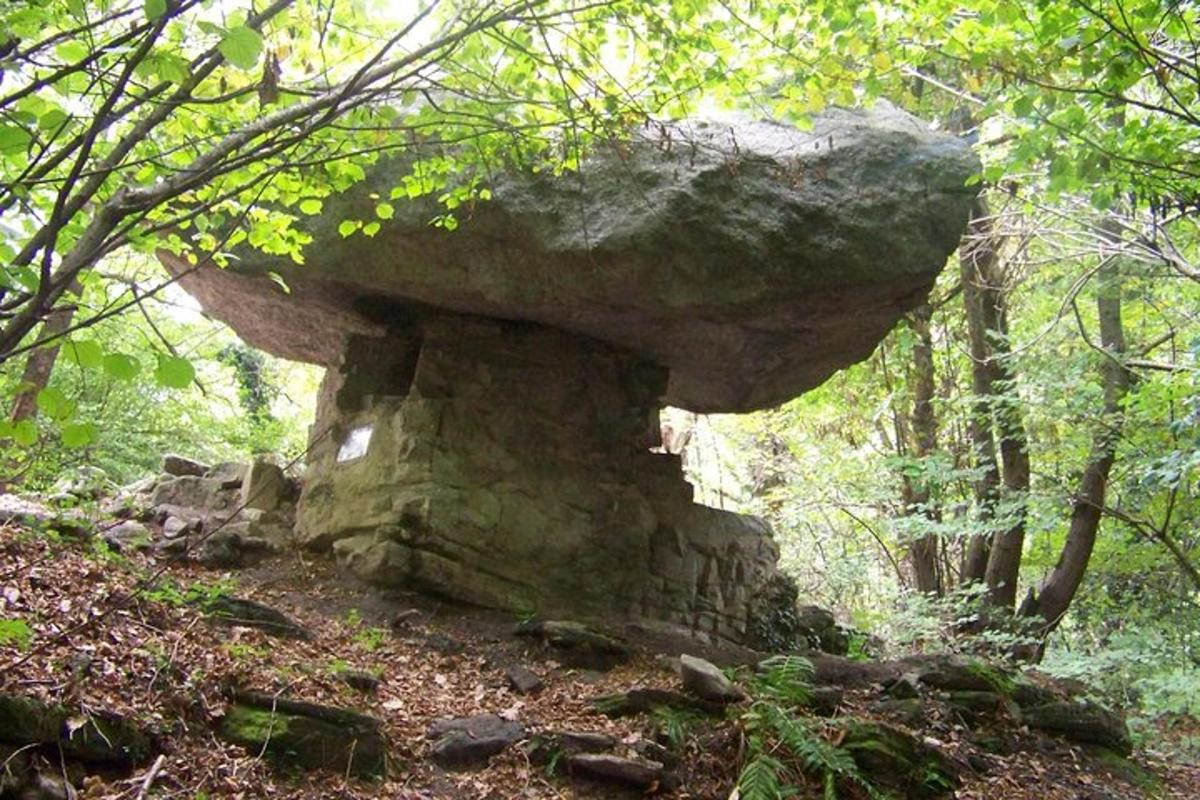 een oud stenen gebouw op een pad in het bos