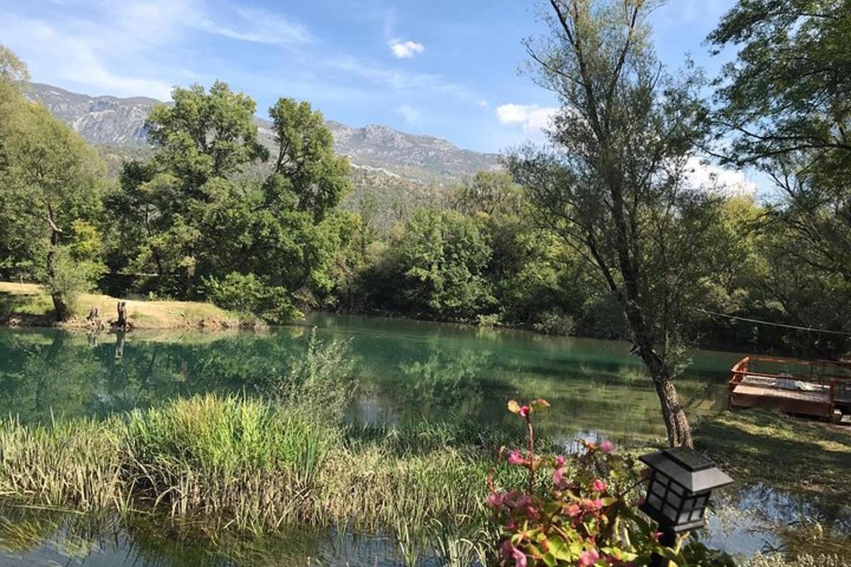 una vista d'un llac amb un banc i arbres