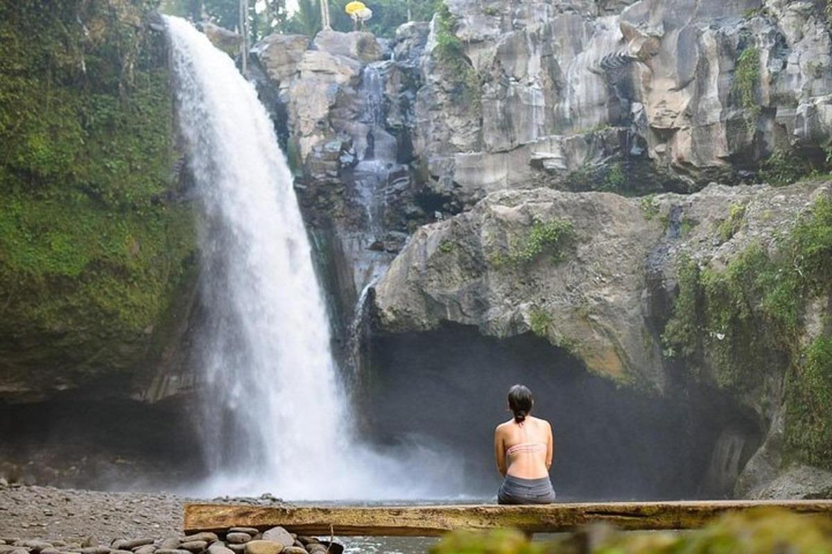 seseorang berdiri di depan air terjun