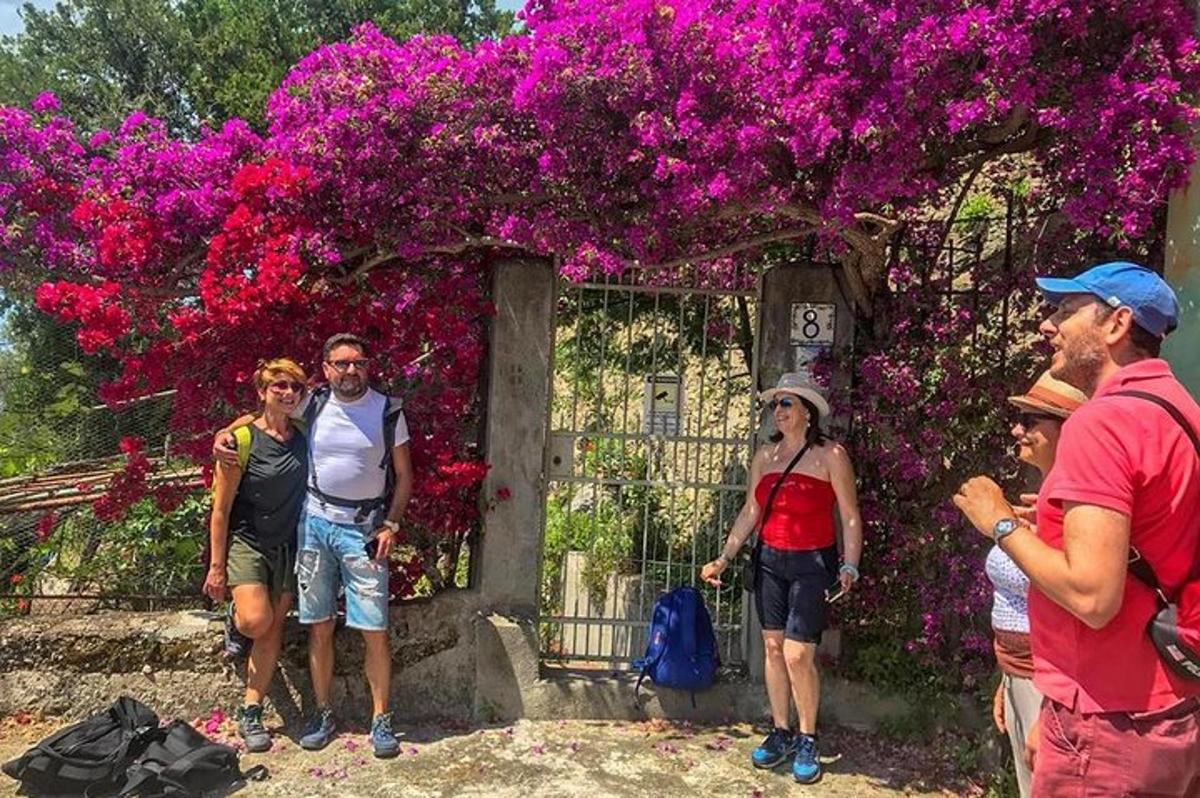 un gruppo di persone in piedi davanti a un cancello con fiori viola