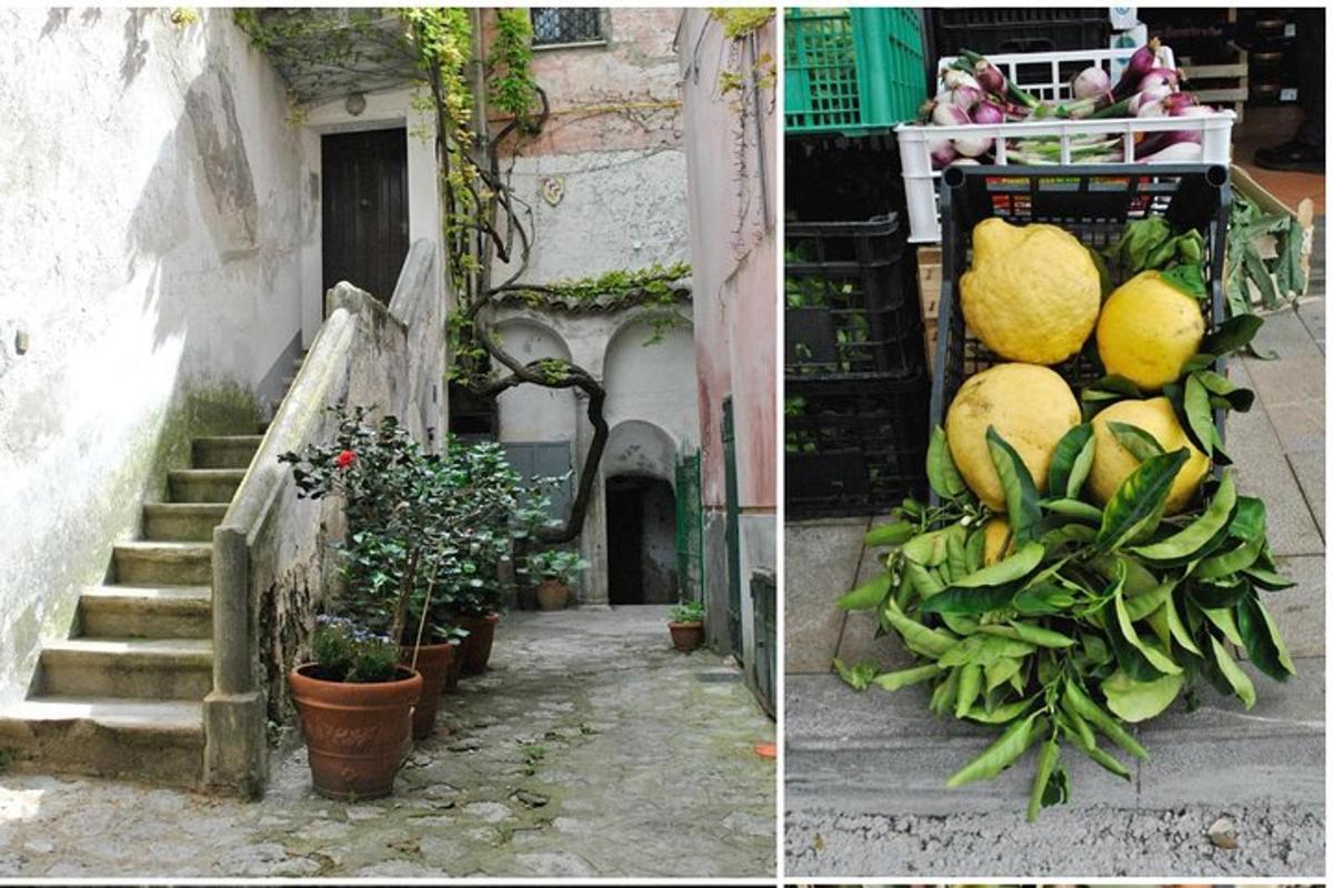 duas fotos de um prédio com um monte de frutas e vegetais