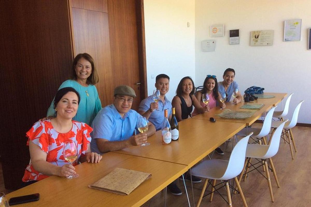 Un grupo de personas sentadas en una mesa con copas de vino.