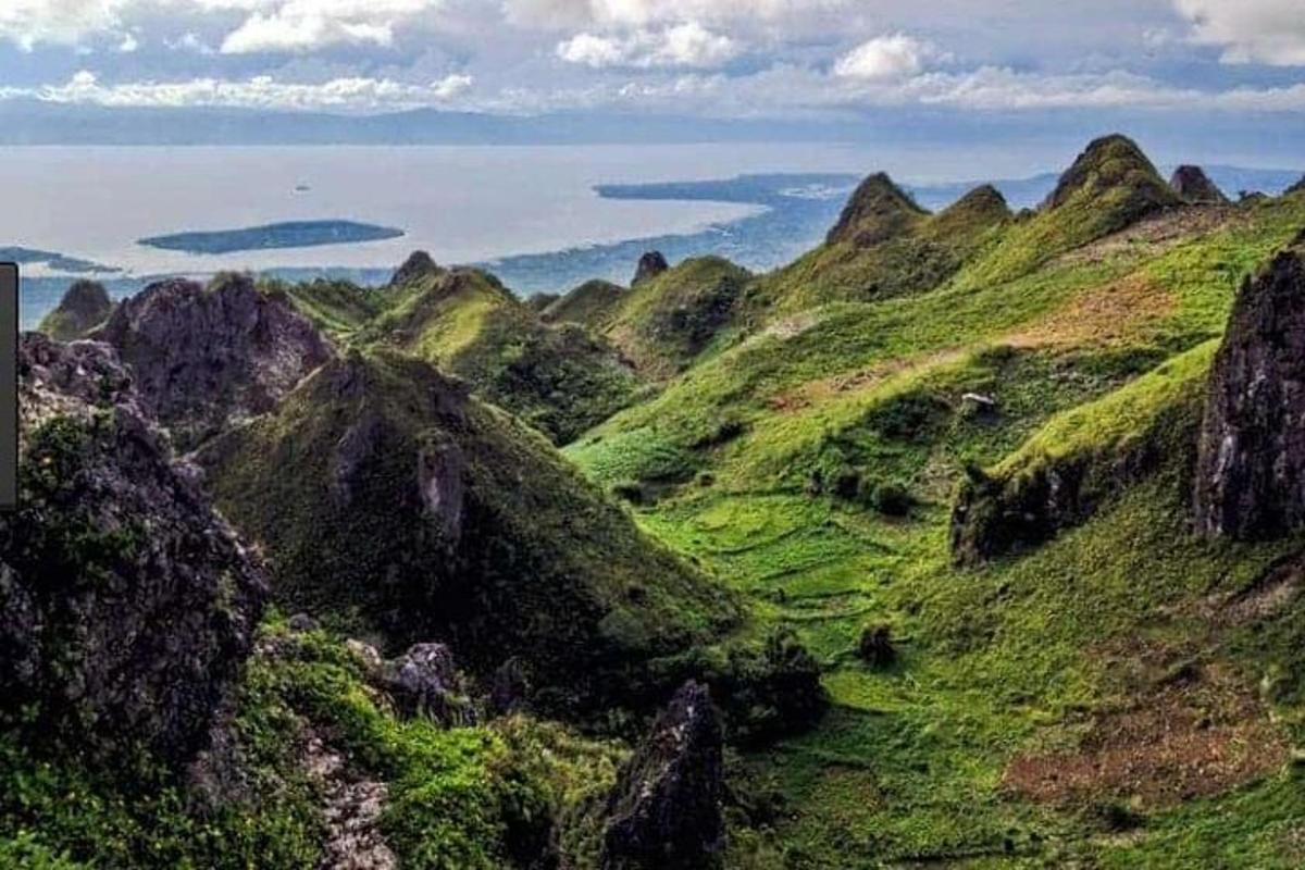 a green hillside with a view of the ocean