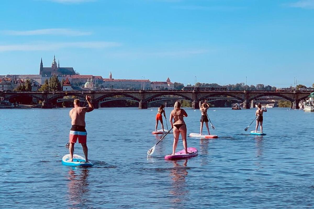 skupina lidí na paddleboardech ve vodě