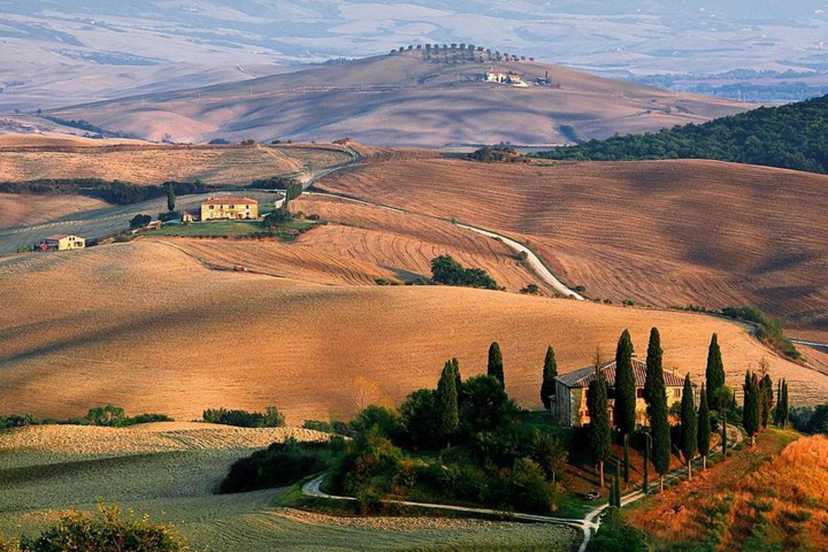una granja en un campo con árboles y un camino