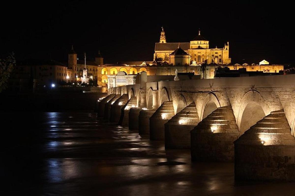 uma ponte com uma cidade ao fundo à noite