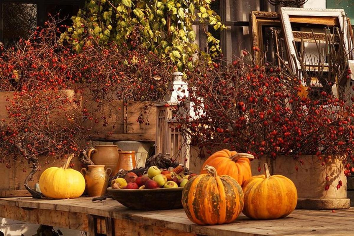 a table with pumpkins and fruit on it