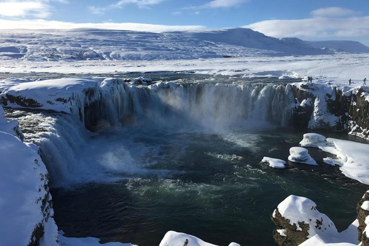 uma cachoeira congelada em um campo nevado com neve