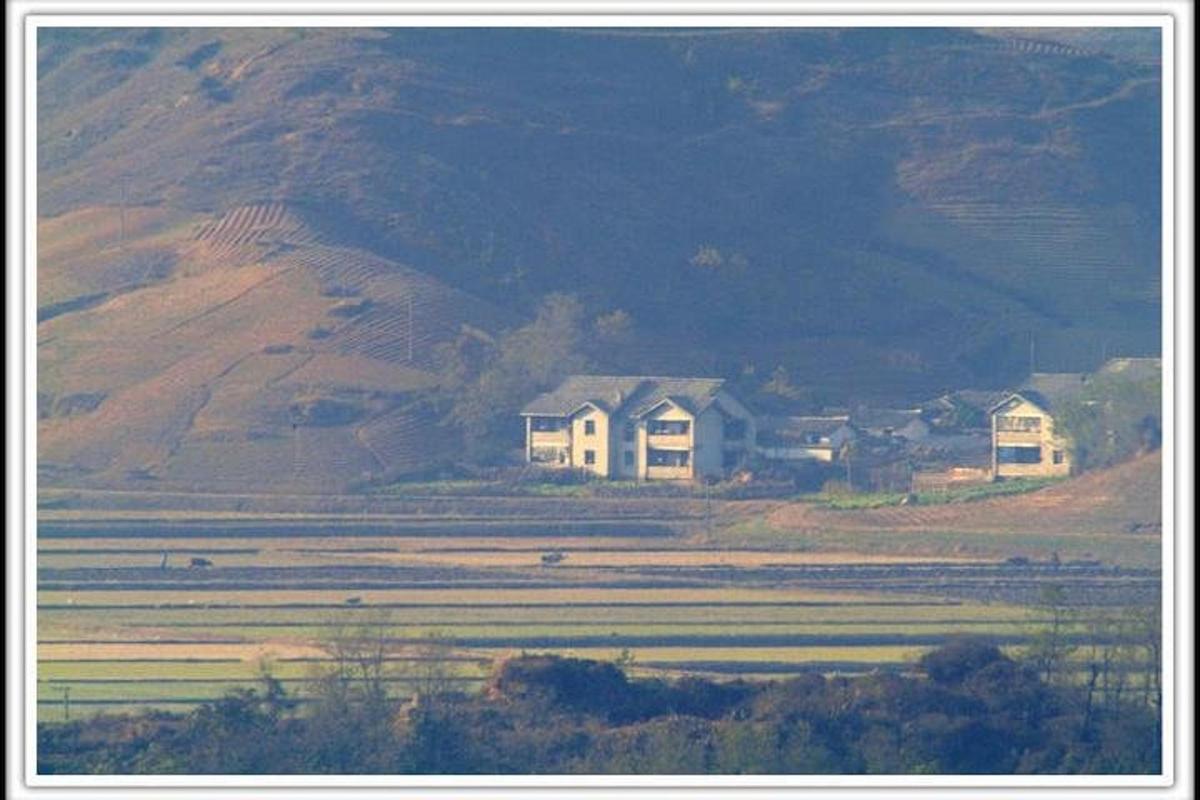 田野中的两栋房屋，背景是一座山