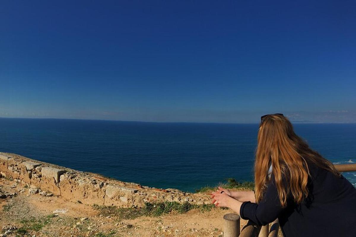 una donna in piedi su un muro che guarda l'oceano
