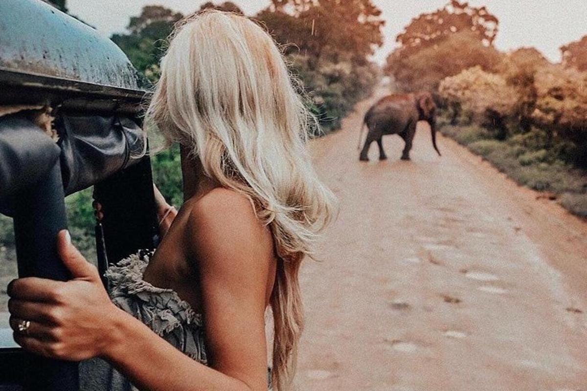 žena se dívá na slona jdoucího po prašné cestě