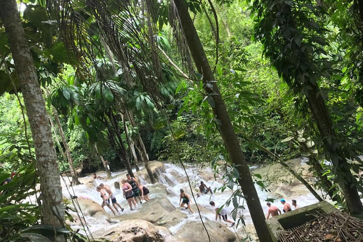 un gruppo di persone in piedi in una cascata nella giungla