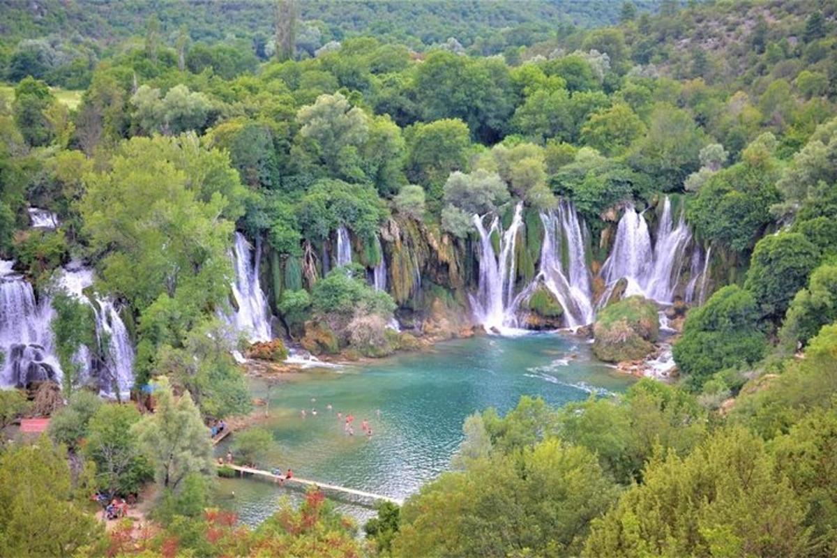 a view of a river with waterfalls in a forest