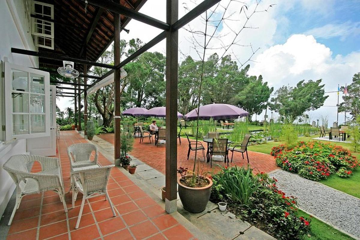 a patio with tables and chairs and purple umbrellas