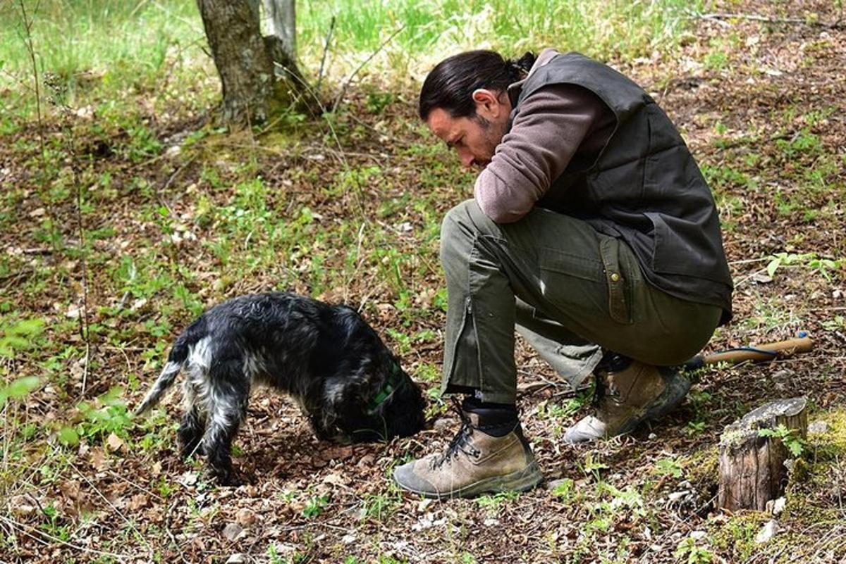 a man squatting down next to a dog