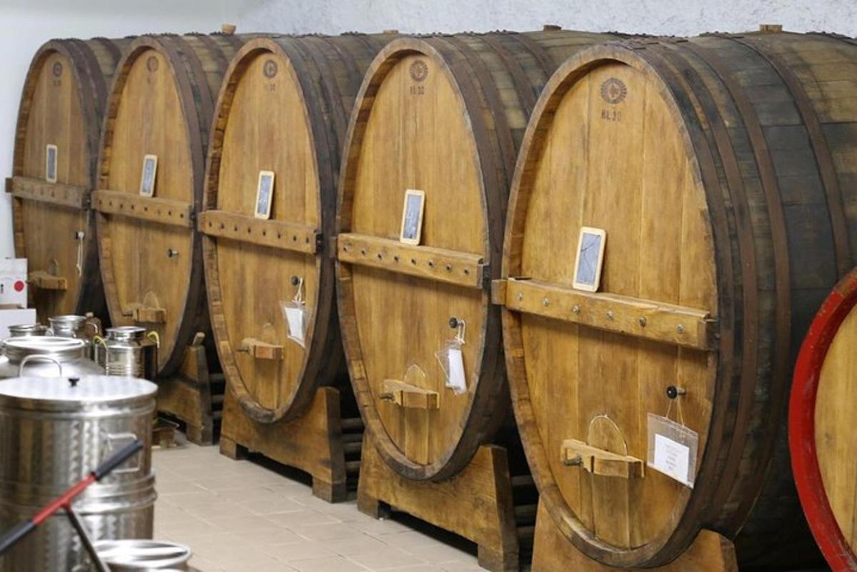 a row of wooden wine barrels in a room